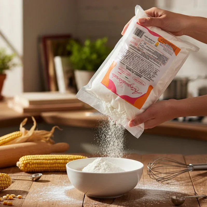 Amido di mais versato in una ciotola su tavolo da cucina, pannocchie e frusta sullo sfondo