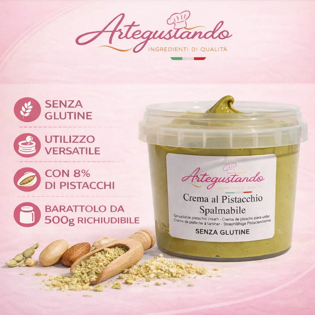 Crema spalmabile al pistacchio senza glutine in barattolo da 500g, ingredienti naturali e pistacchi