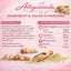 Tabella ingredienti e valori nutrizionali con pistacchi, nocciole e polvere su sfondo rosa.