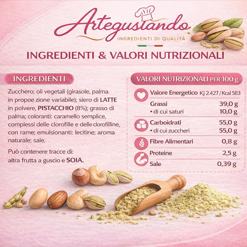 Tabella ingredienti e valori nutrizionali con pistacchi, nocciole e polvere su sfondo rosa.