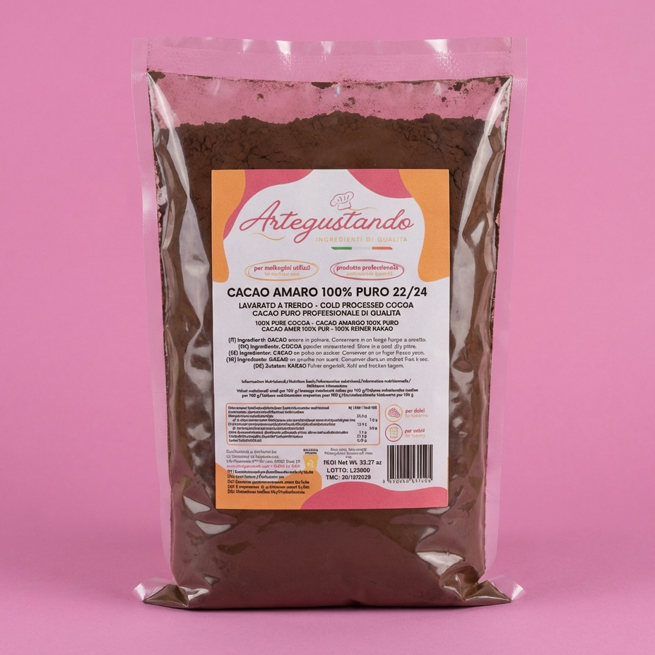Cacao Amaro 100% Puro Professionale 22/24 Lavorato a Freddo - Cacao di Qualità 500g/1kg