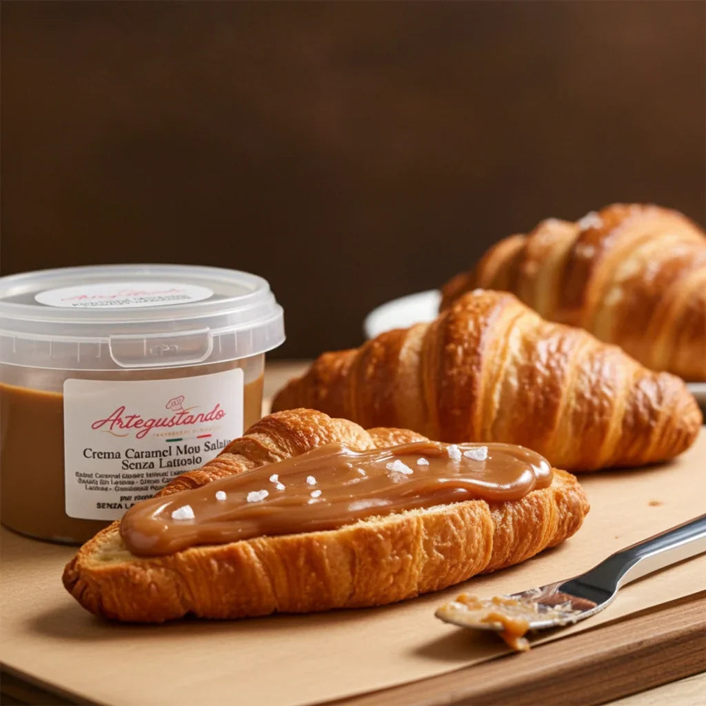 Croissant farcito con crema caramello mou salato e granelli di sale su tagliere, vasetto di crema sullo sfondo