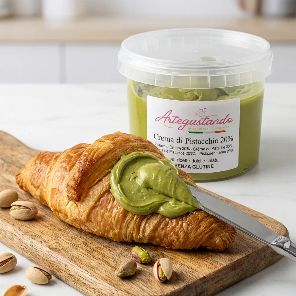 Crema di pistacchio spalmata su croissant con pistacchi e barattolo professionale