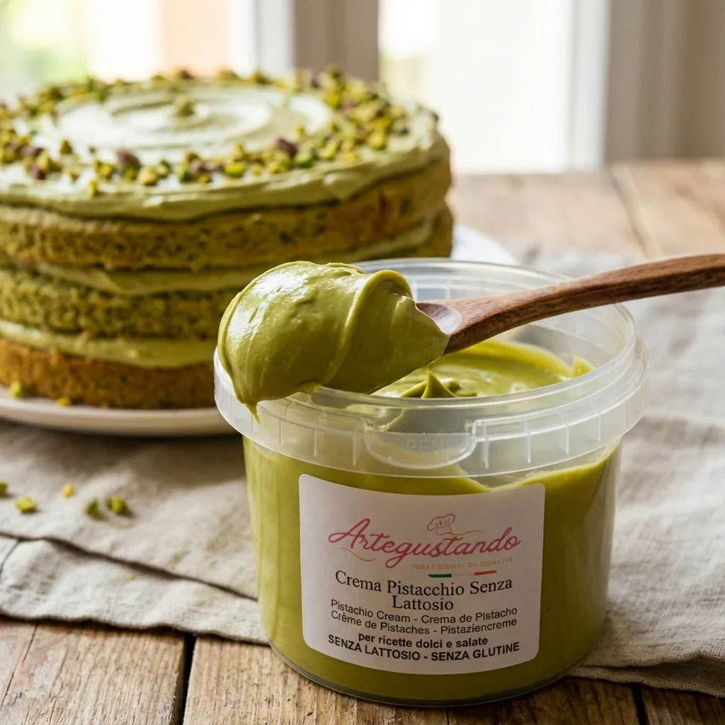Crema di pistacchio senza lattosio in vasetto, con torta al pistacchio sullo sfondo