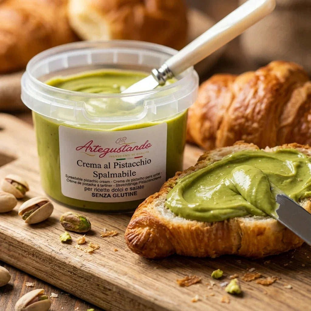 Crema spalmabile al pistacchio senza glutine su croissant, idea per dolci e colazioni italiane