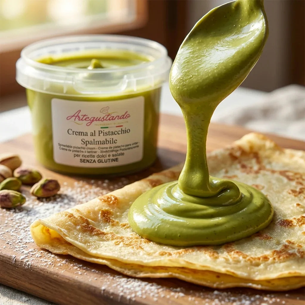 Crepes dolci con crema al pistacchio spalmabile senza glutine e pistacchi interi