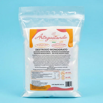 Confezione da 1 kg di destrosio monoidrato professionale, ingrediente per dolci e gelato, su sfondo azzurro.