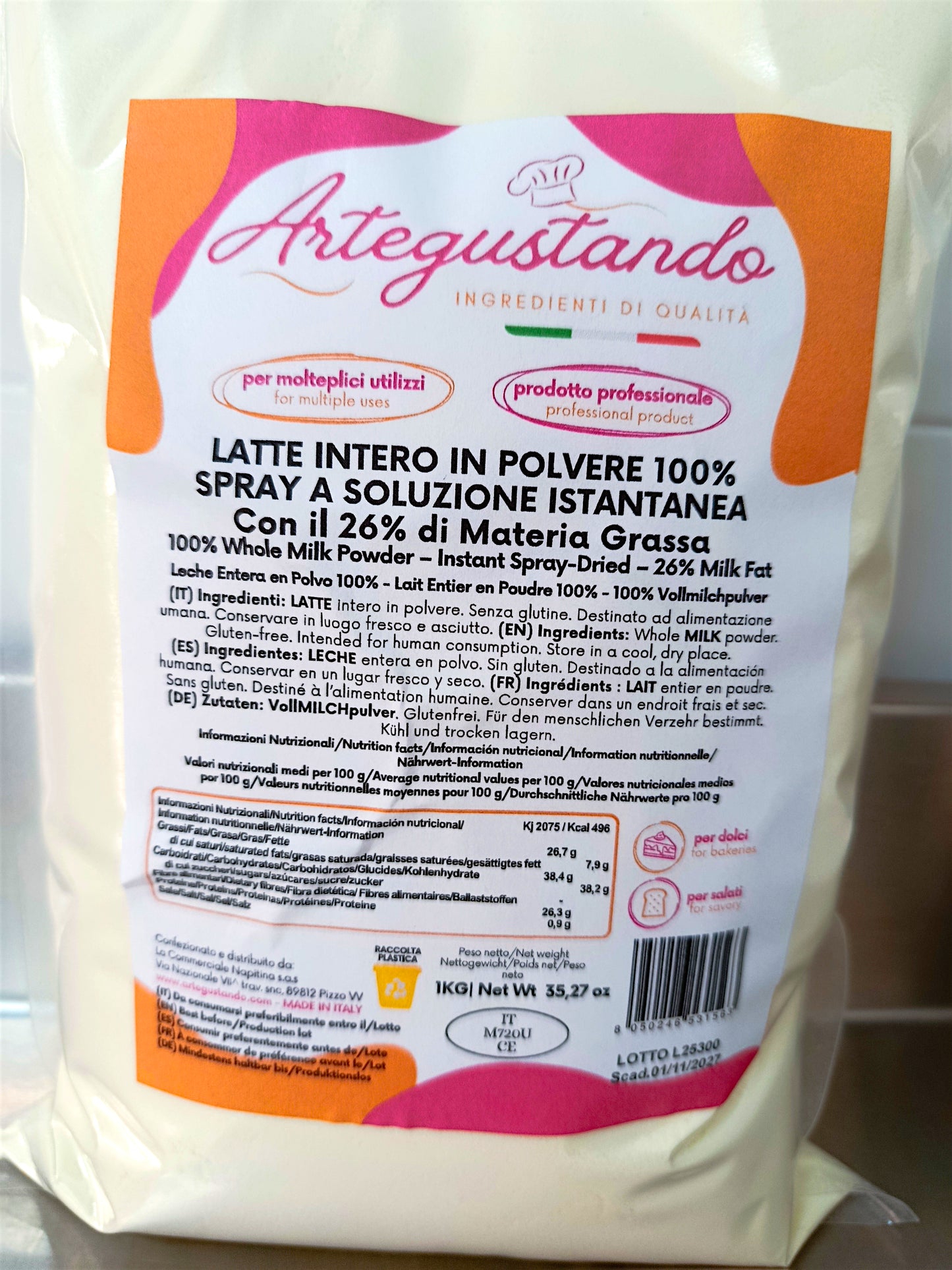 Latte Intero in Polvere con il 26% di Materia Grassa Professionale Italiano 1kg