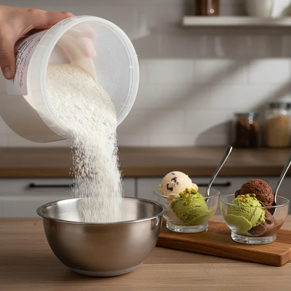 Polvere neutra per gelato versata in una ciotola, con coppette di gelato artigianale sullo sfondo