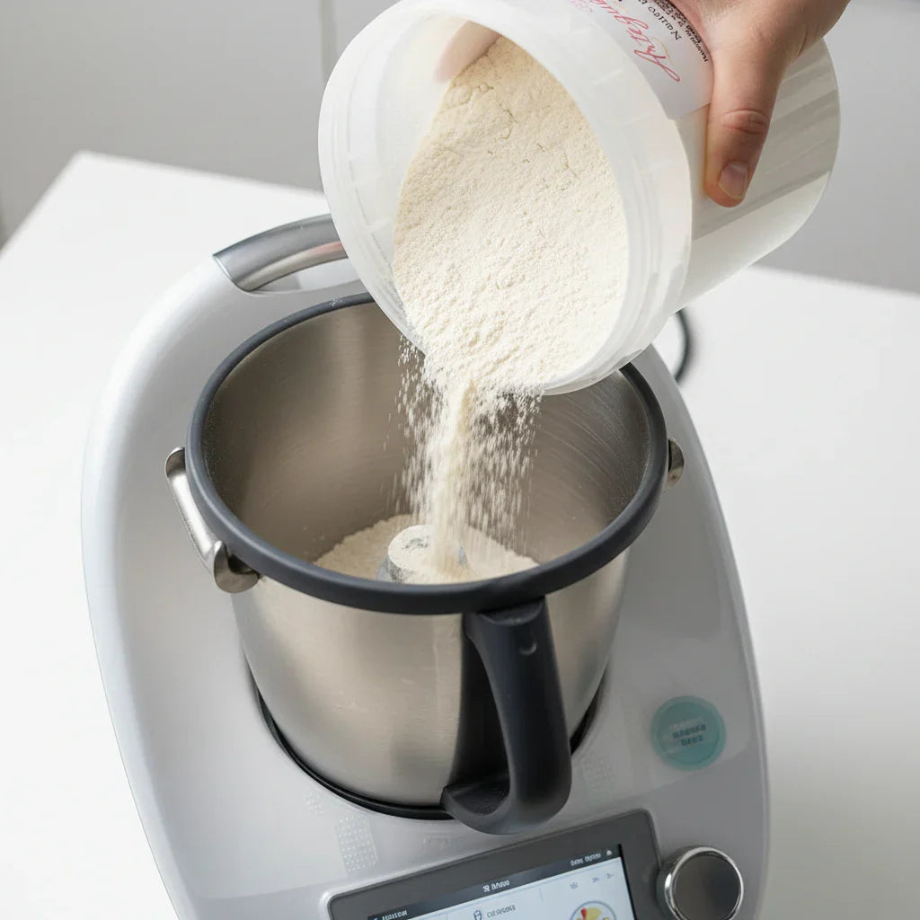 Polvere neutra per gelato versata in una planetaria per preparazione artigianale dolci