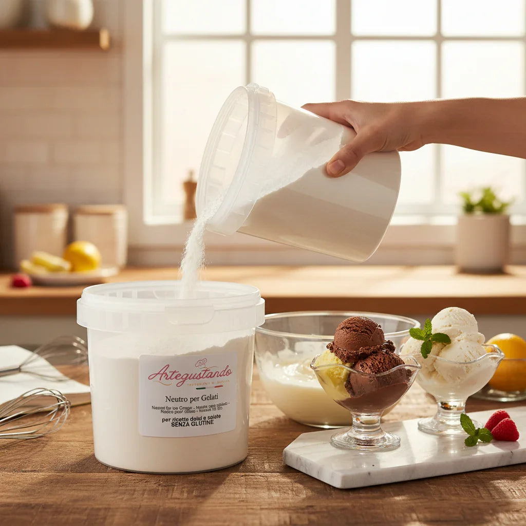 Polvere neutra per gelato artigianale in cucina, vicino coppe gelato crema e cioccolato