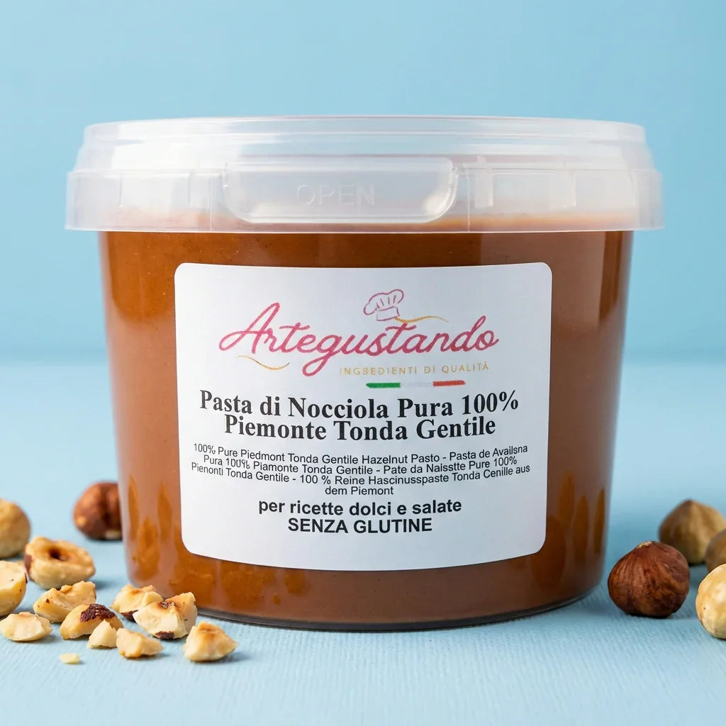 Vasetto di pasta di nocciola Piemonte Tonda Gentile 100% pura senza glutine, con nocciole