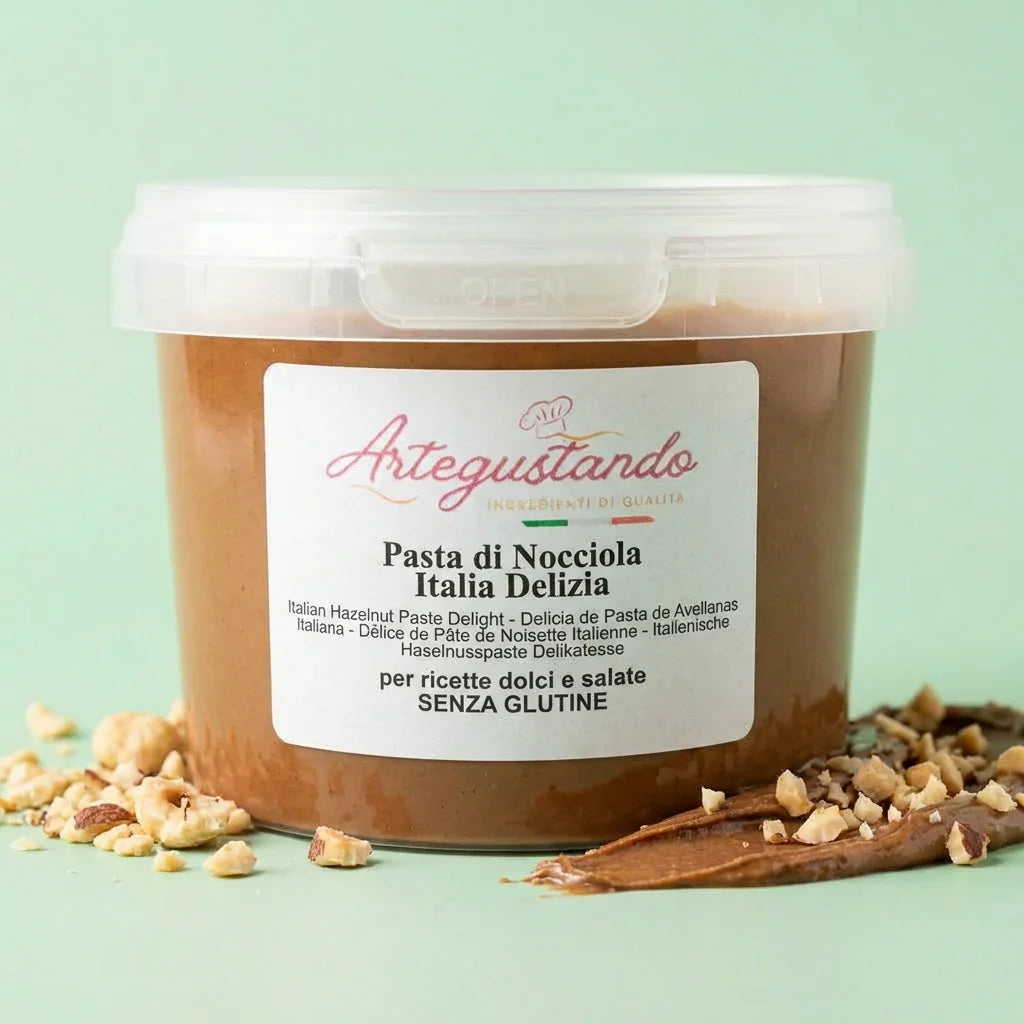 Vasetto di pasta di nocciola pura italiana da 500g, con crema e nocciole tritate