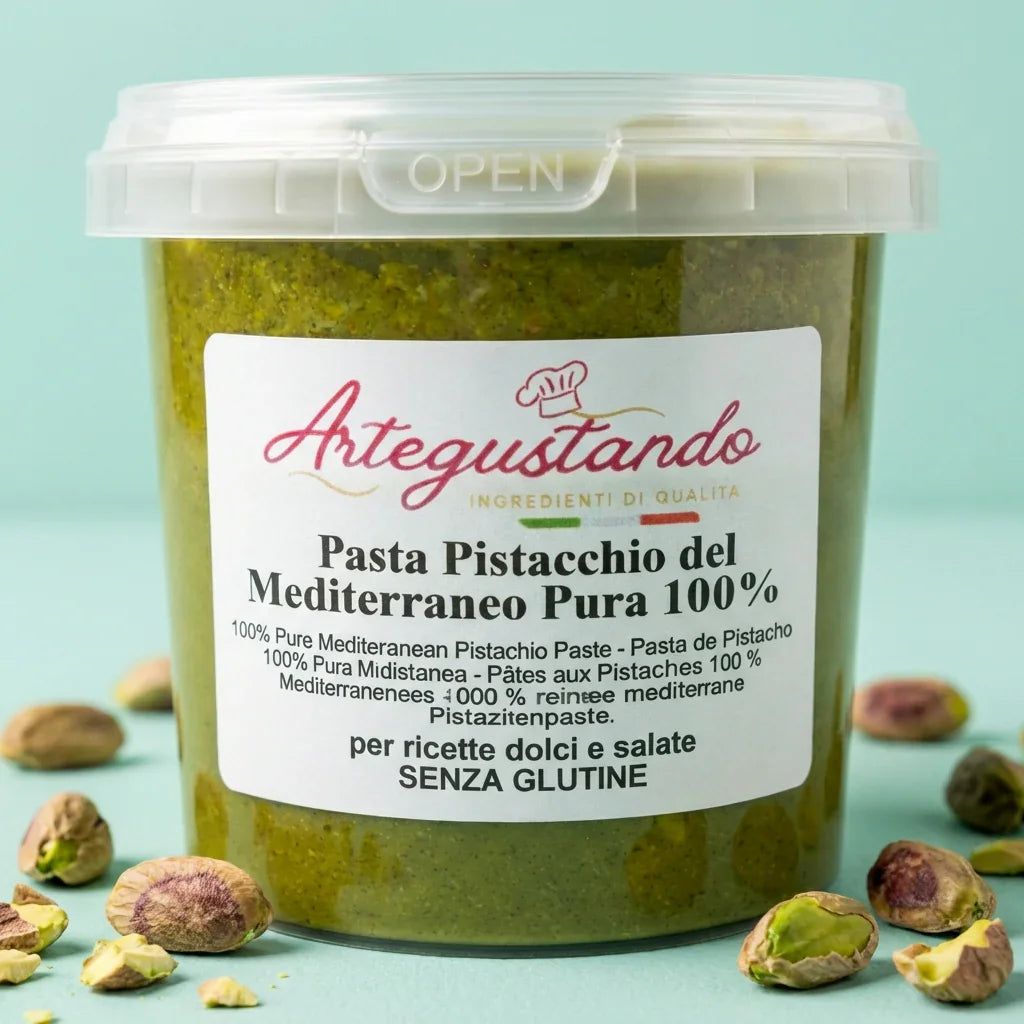 Vasetto di pasta di pistacchio puro mediterraneo 100%, senza glutine, con pistacchi