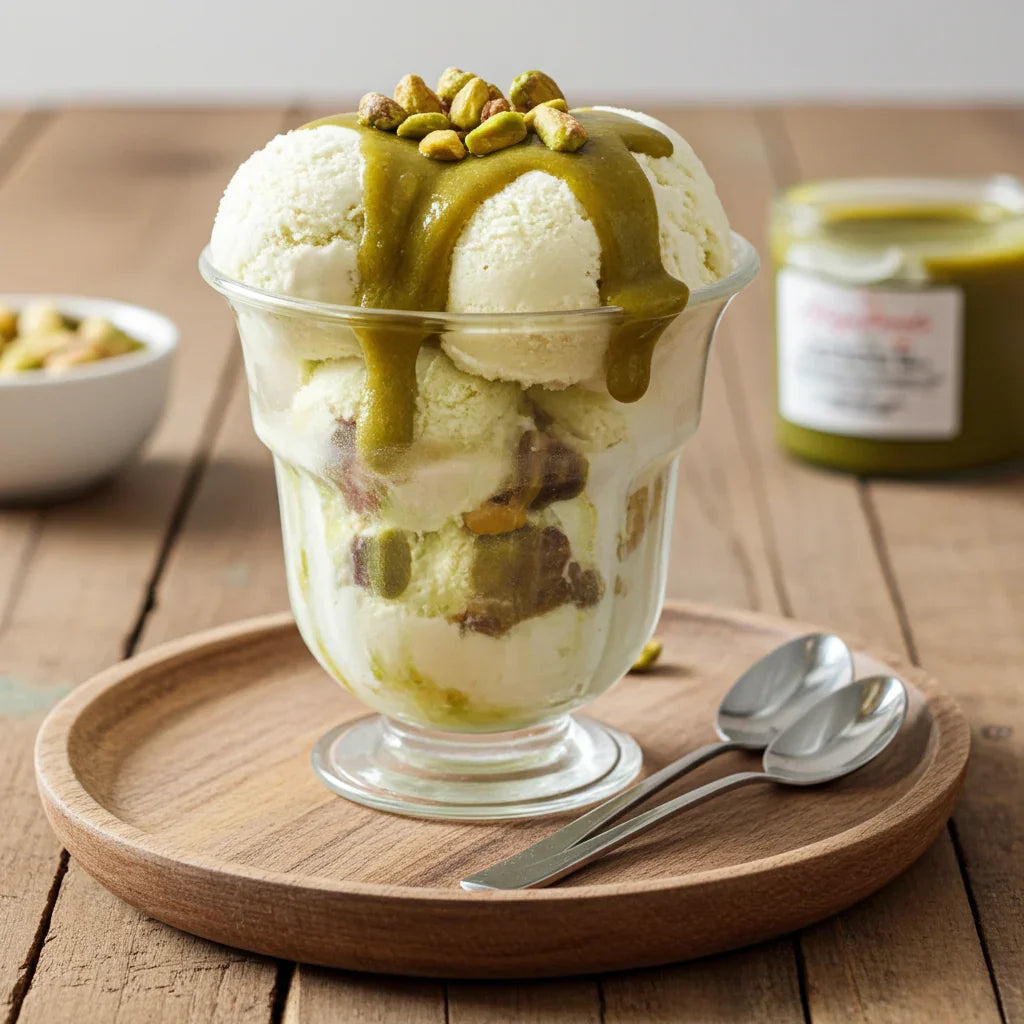 Gelato artigianale alla crema con salsa al pistacchio e pistacchi interi su vassoio di legno.