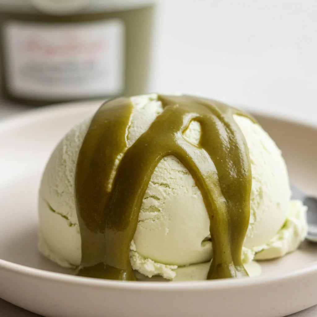 Gelato al pistacchio artigianale con crema di pistacchio su piatto bianco